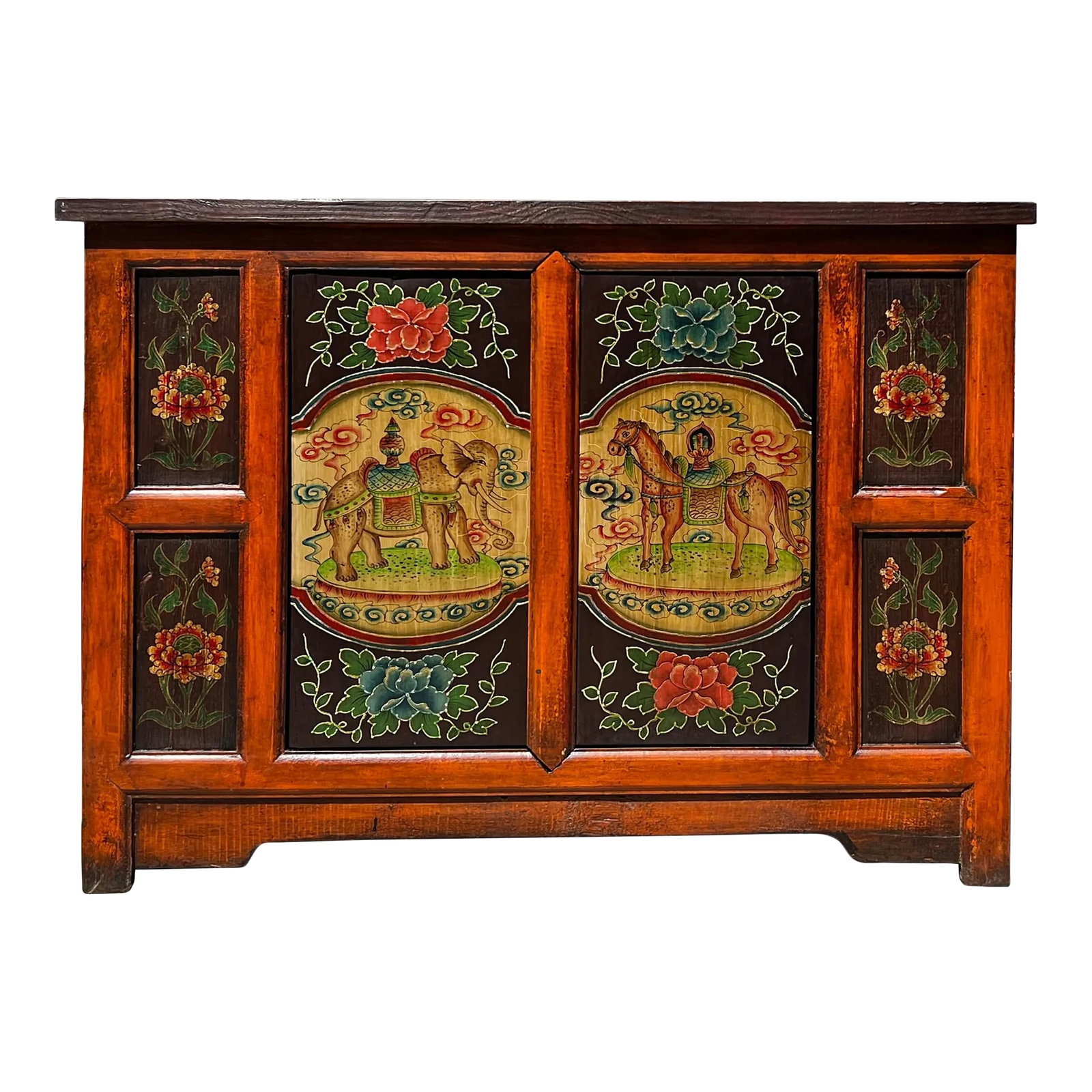 Chinese Orange Tibetan Elephant Horse Sideboard Console Table Cabinet: This is a console sideboard buffet cabinet with Tibetan-style elephant and horse graphics on the doors. The surface is finished with mixed red, orange black, and green colors. It is a charming piece a
