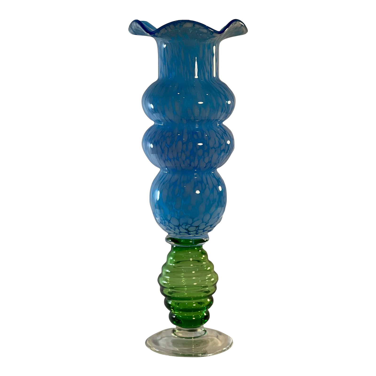 Vintage Empoli Art Glass Blue and Green Confetti Vase: This exquisite art glass vase standing at a majestic 14 inches in height, is a testament to the skill and artistry of the glass artisans from the renowned Empoli company. Hand-blown with precision