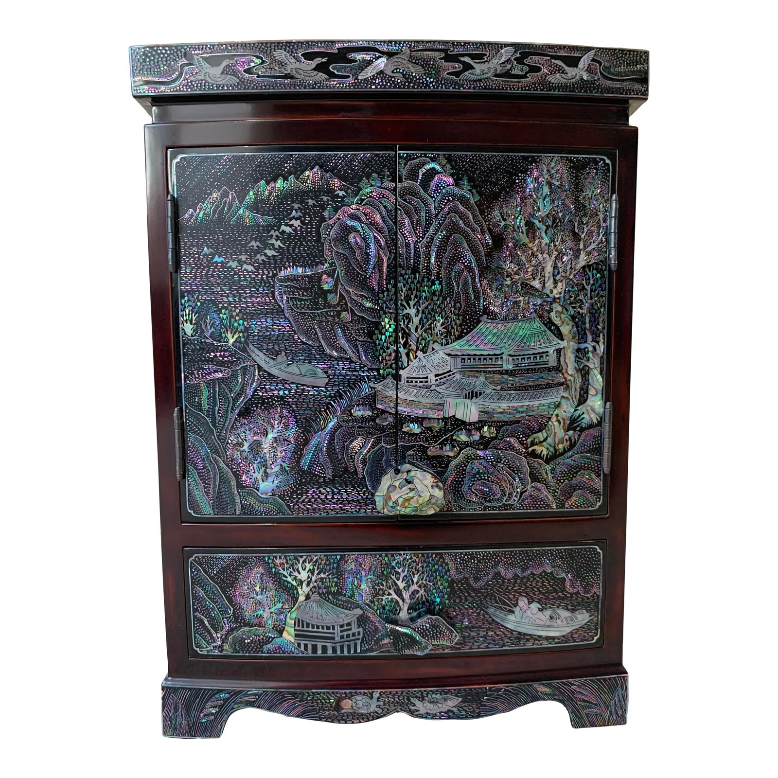 Late 20th Century Vintage Inlaid Korean Jewelry Box: Vintage Inlaid Korean Jewelry Box of beautiful black lacquer and intricate inlay design. Doors open to reveal three inside drawers. Condition: Alterations: Original Condition Unaltered Imperfections: