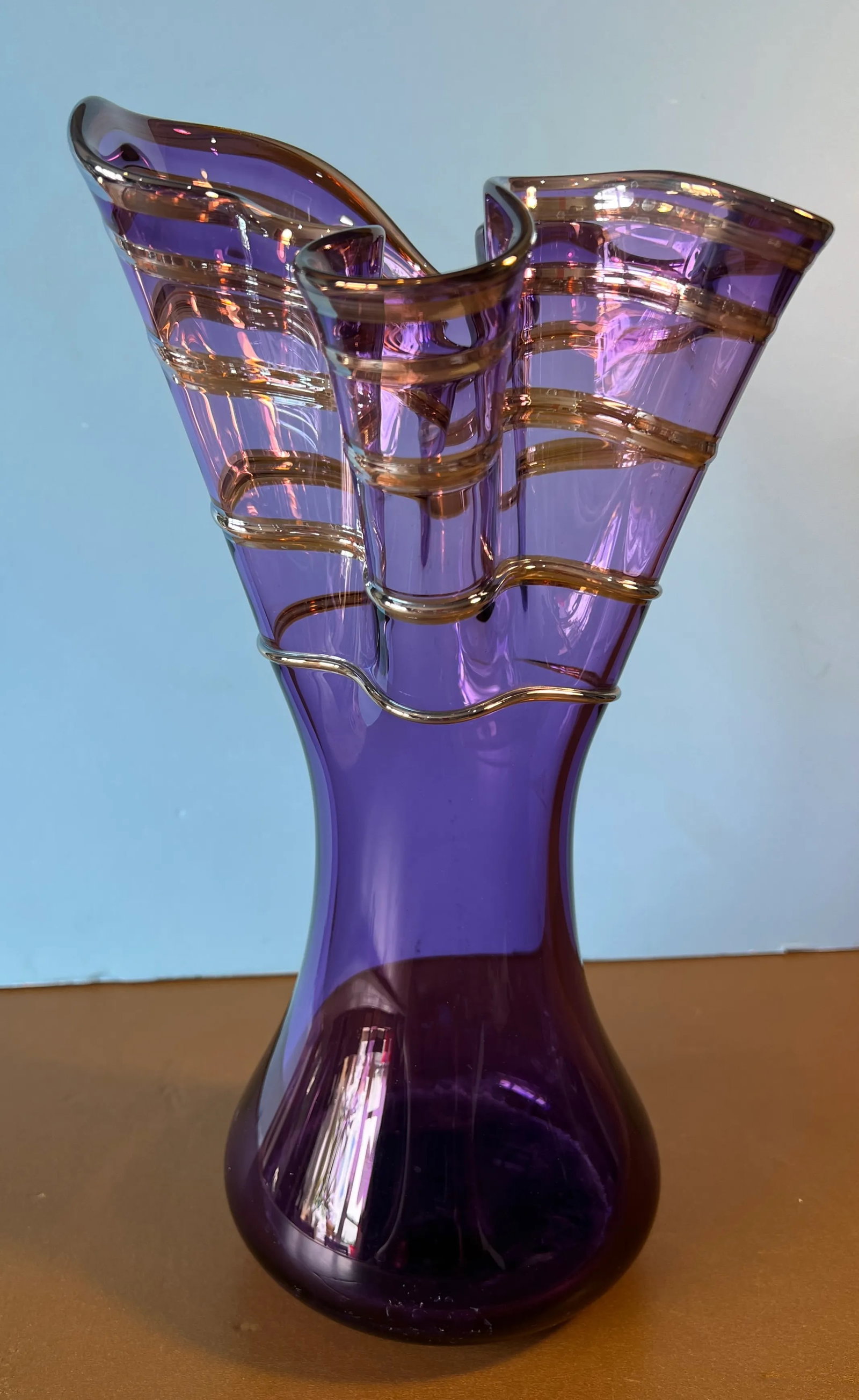 Signed Art Glass Amethyst Handkerchief Vase With Swirled Lines - 10
