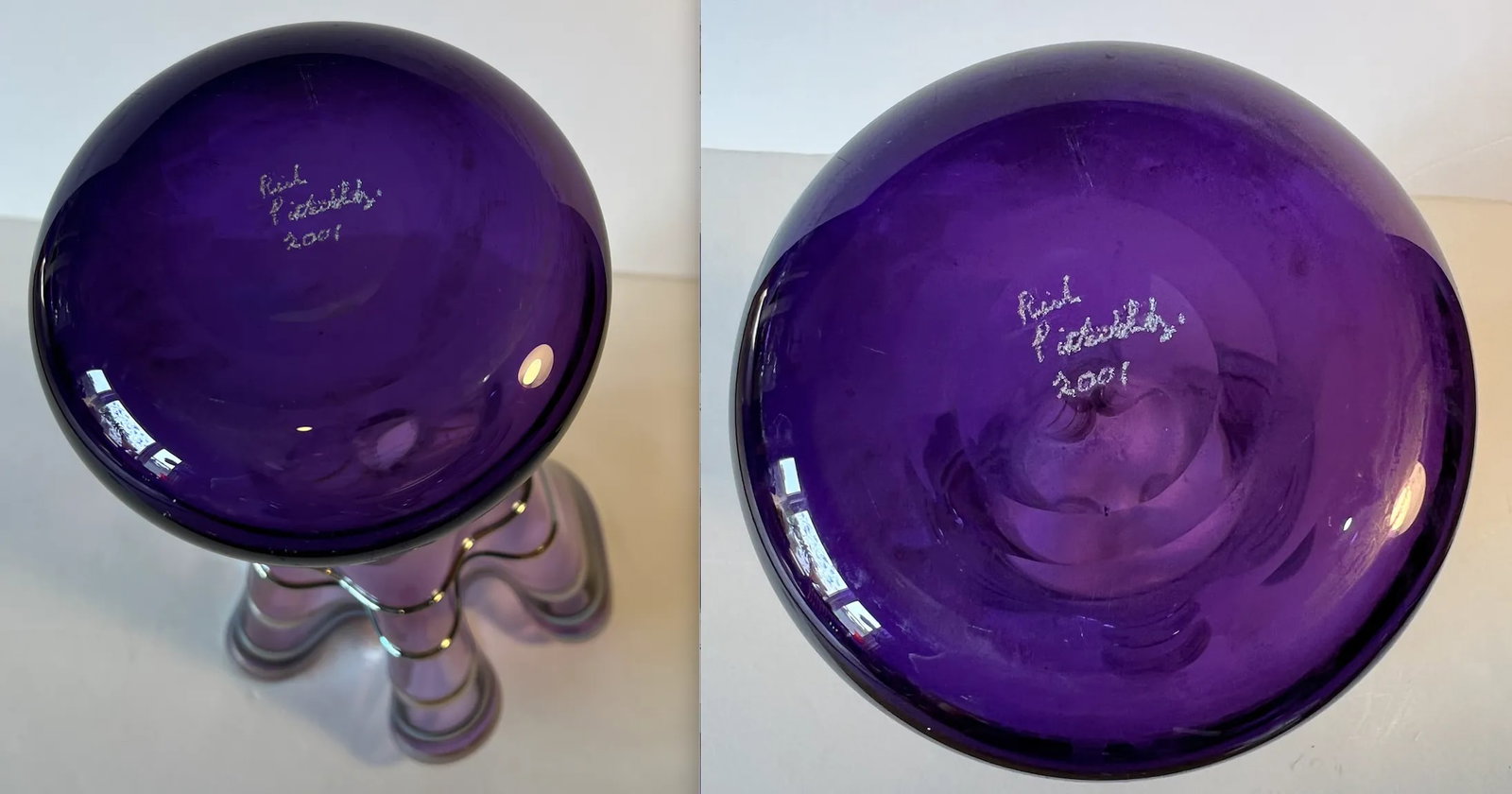 Signed Art Glass Amethyst Handkerchief Vase With Swirled Lines - 11
