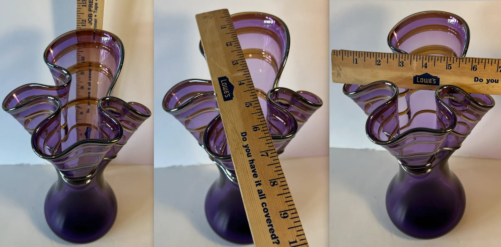 Signed Art Glass Amethyst Handkerchief Vase With Swirled Lines - 12