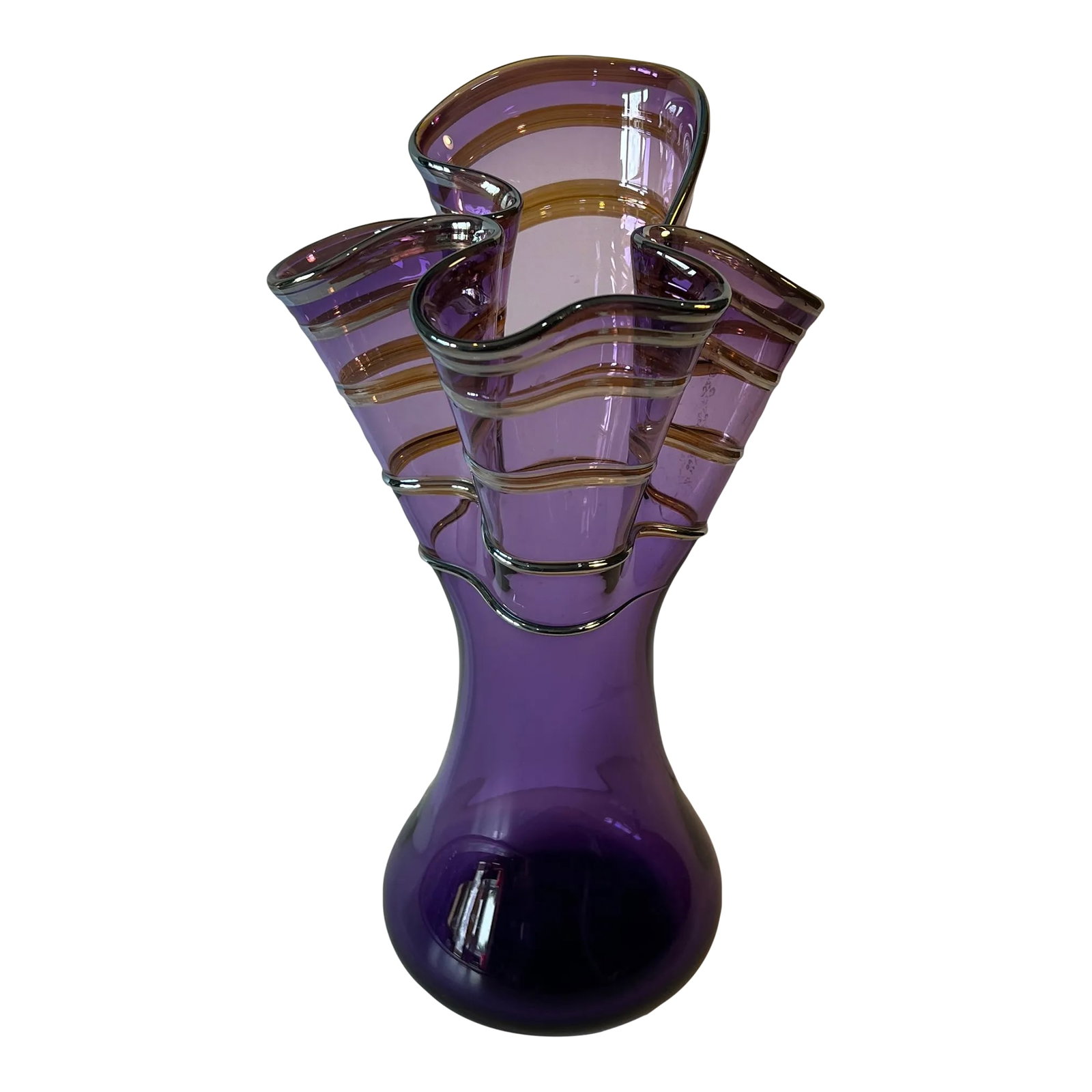 Signed Art Glass Amethyst Handkerchief Vase With Swirled Lines: Hand blown from lustrous amethyst glass, this Art Glass Vase bears the imprint of skilled hands. Applied Iridescent amber-orange glass swirls encircle its upper half, while its asymmetrical