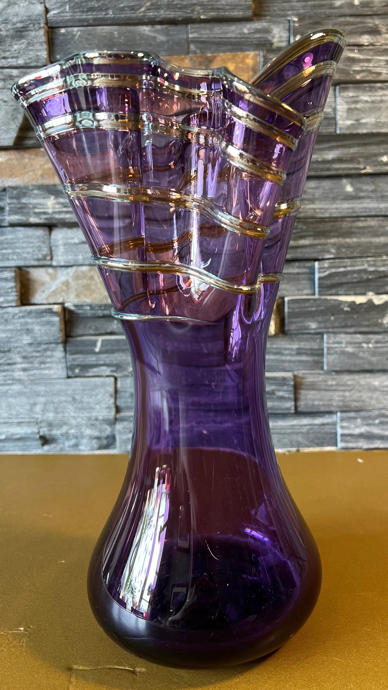 Signed Art Glass Amethyst Handkerchief Vase With Swirled Lines - 2