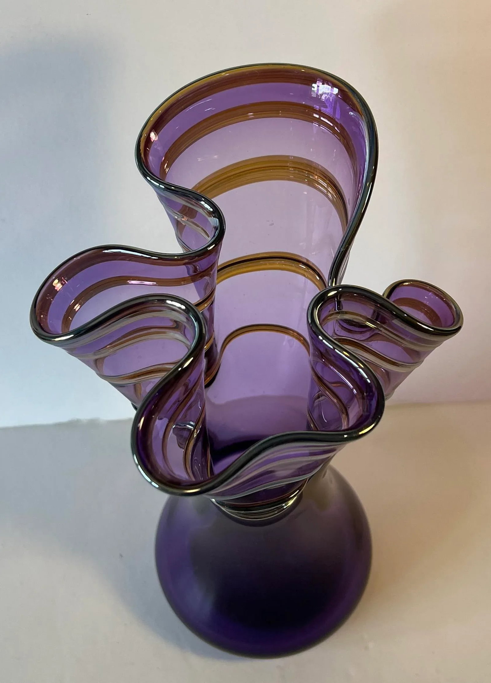 Signed Art Glass Amethyst Handkerchief Vase With Swirled Lines - 4