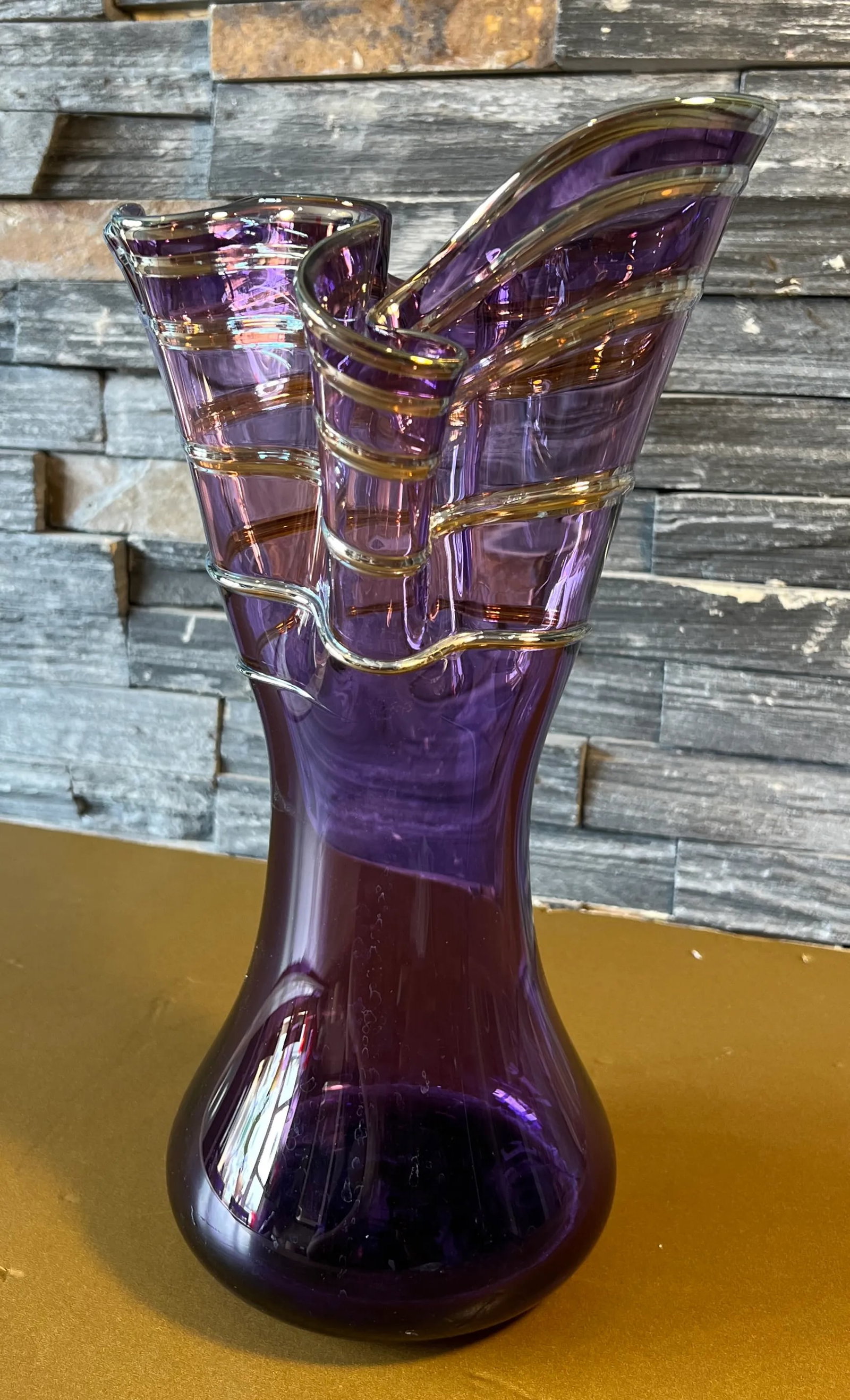 Signed Art Glass Amethyst Handkerchief Vase With Swirled Lines - 5