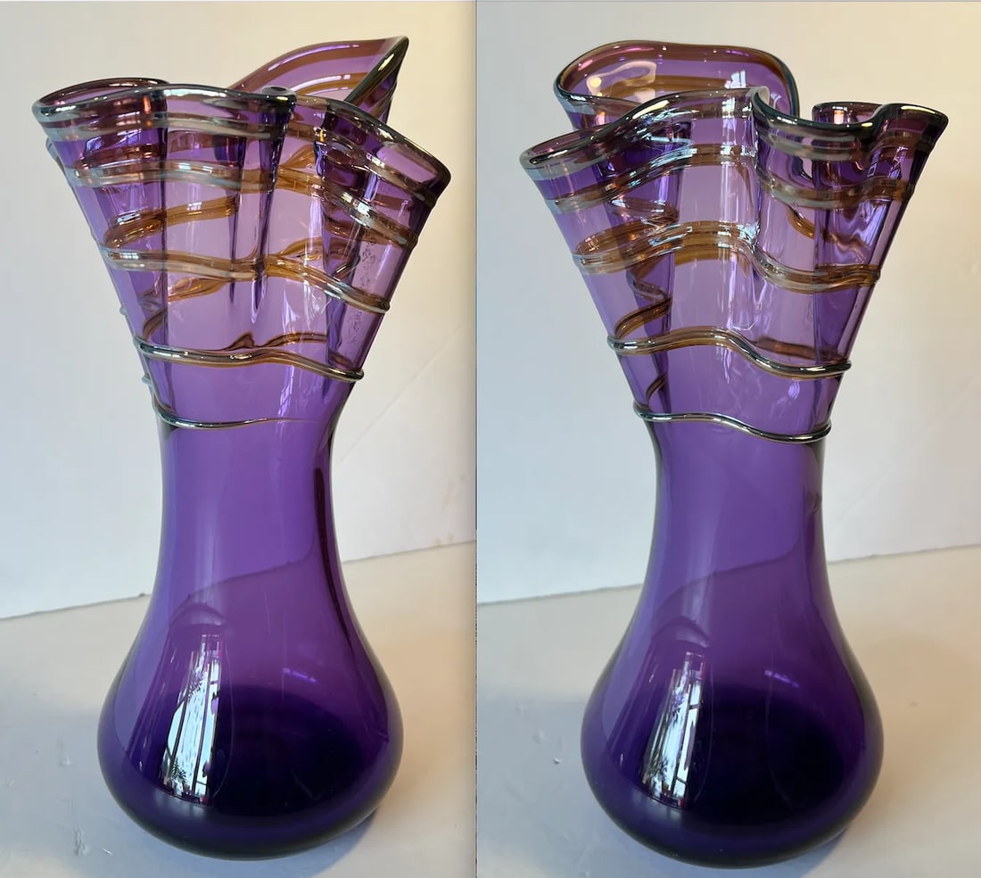 Signed Art Glass Amethyst Handkerchief Vase With Swirled Lines - 7