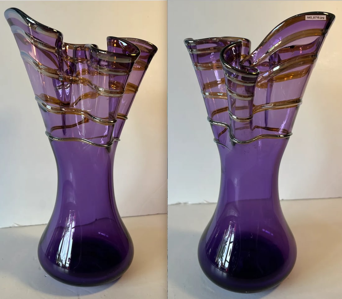 Signed Art Glass Amethyst Handkerchief Vase With Swirled Lines - 9