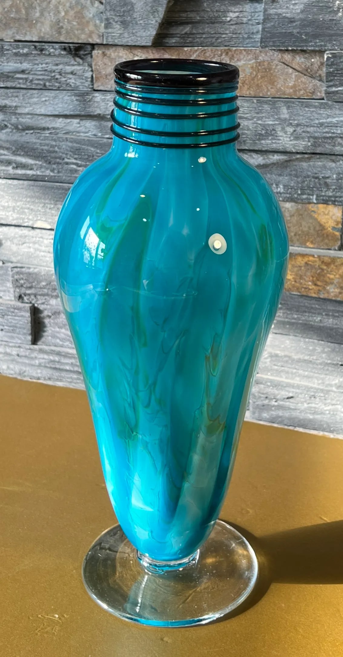 Art Glass Blue Teal Pedestal Vase With Swirl Pattern - 10