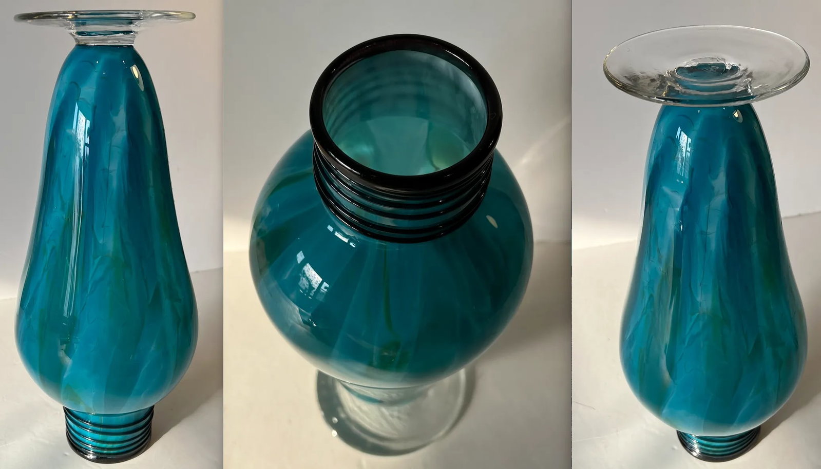 Art Glass Blue Teal Pedestal Vase With Swirl Pattern - 11