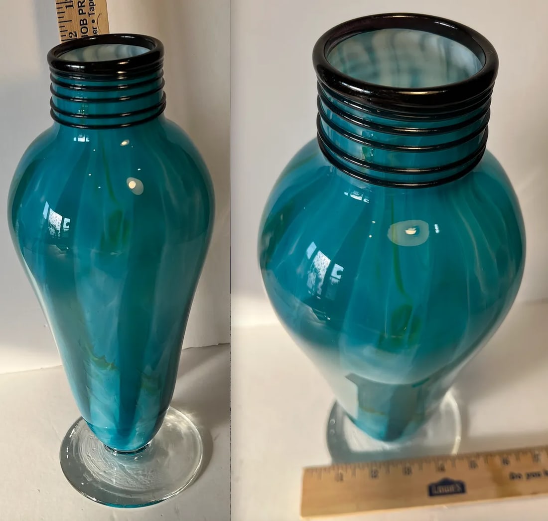 Art Glass Blue Teal Pedestal Vase With Swirl Pattern - 12