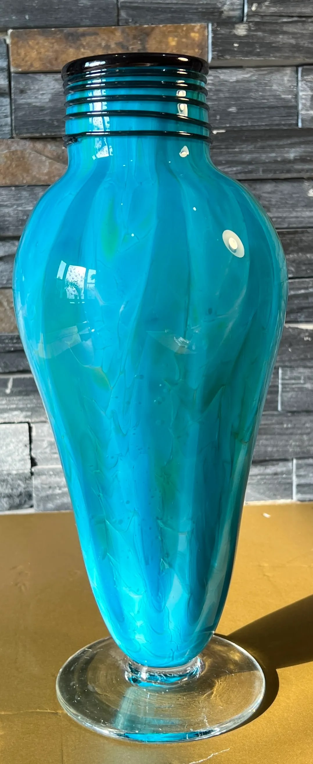 Art Glass Blue Teal Pedestal Vase With Swirl Pattern - 2