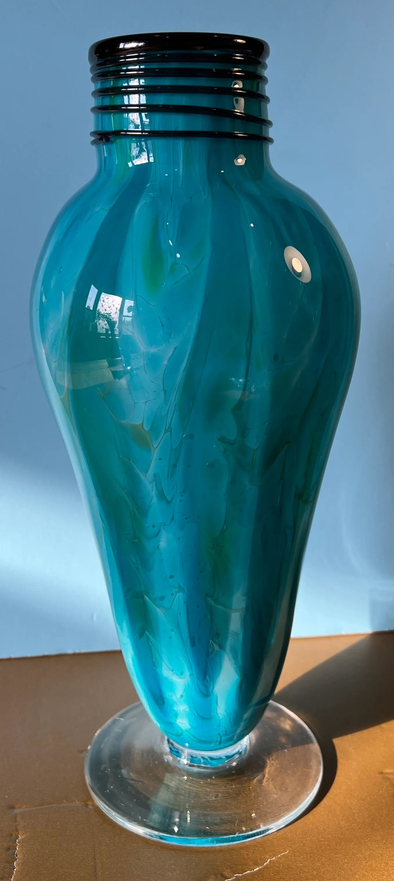 Art Glass Blue Teal Pedestal Vase With Swirl Pattern - 3