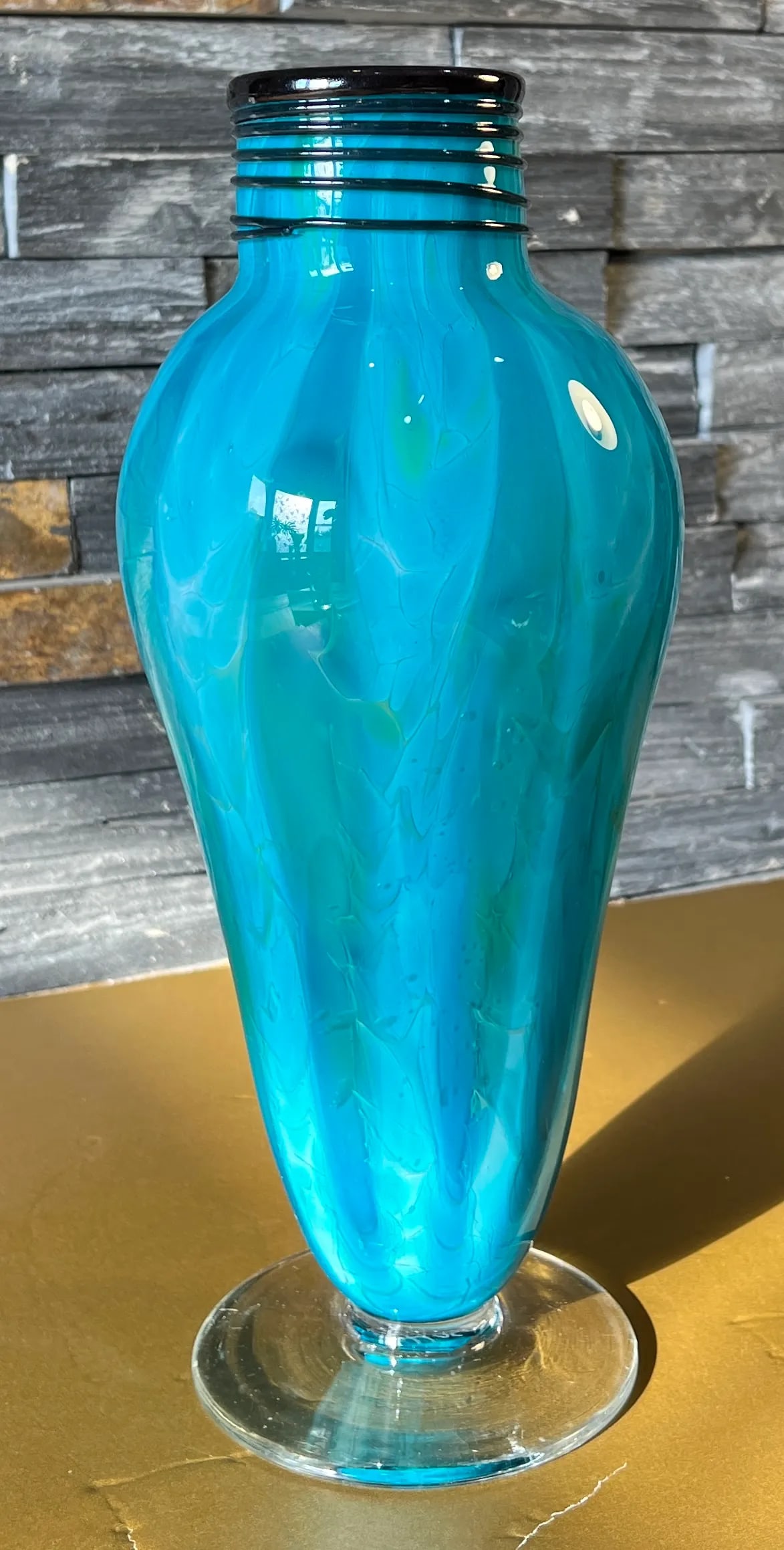 Art Glass Blue Teal Pedestal Vase With Swirl Pattern - 4