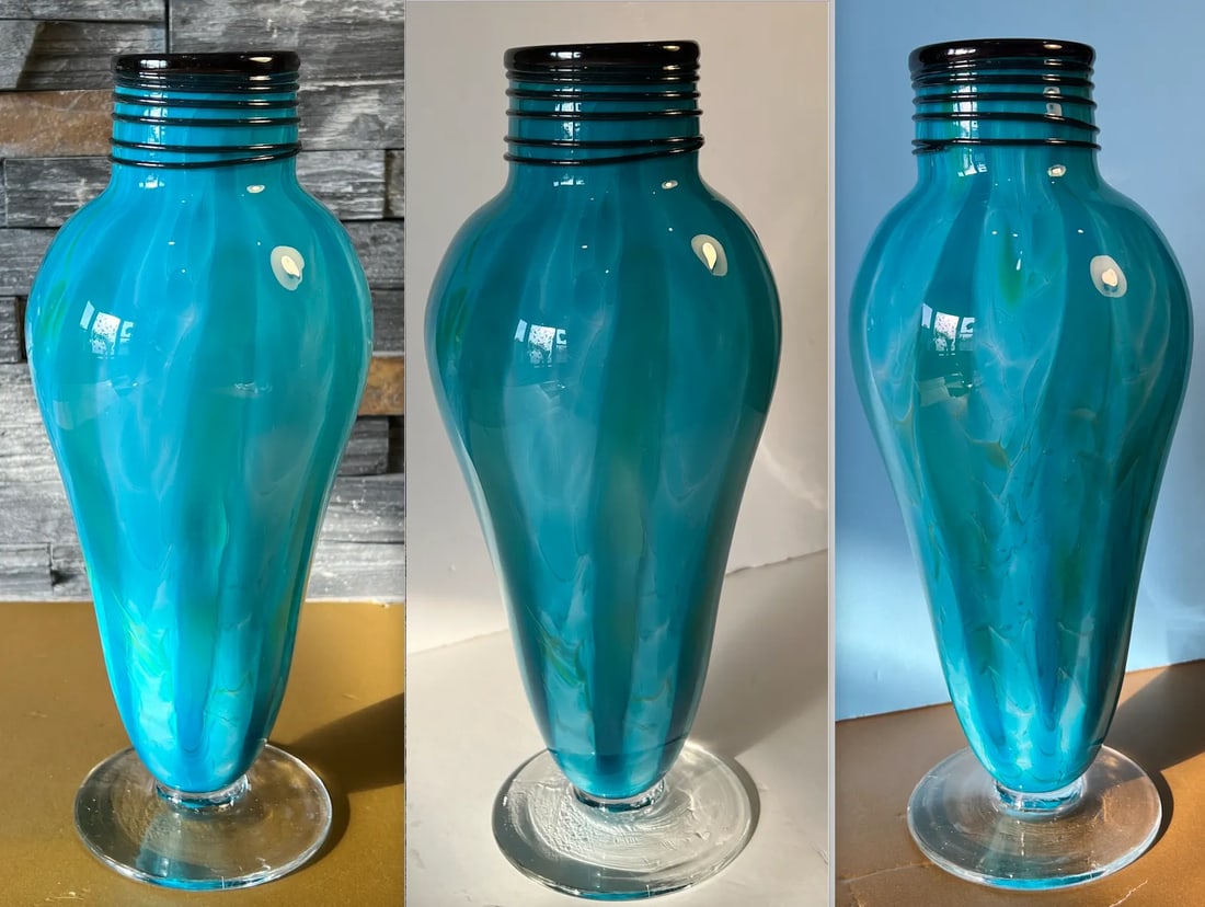 Art Glass Blue Teal Pedestal Vase With Swirl Pattern - 5