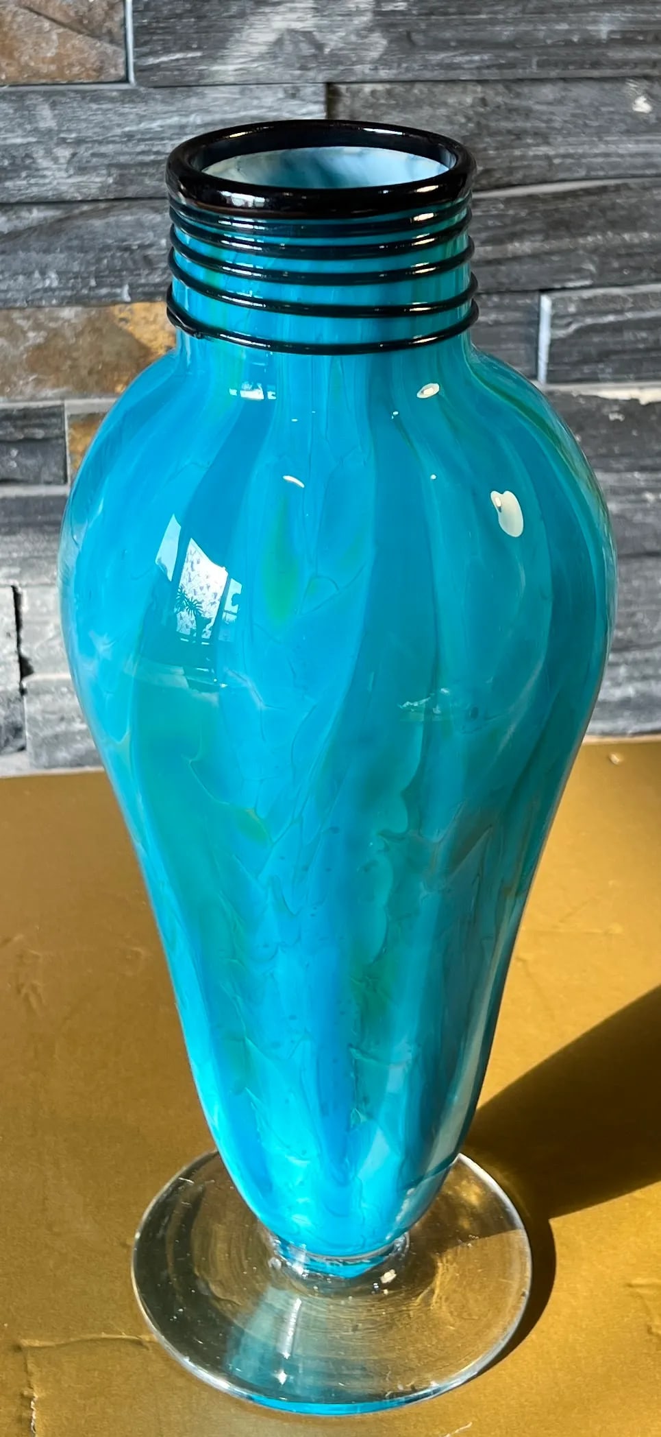 Art Glass Blue Teal Pedestal Vase With Swirl Pattern - 6