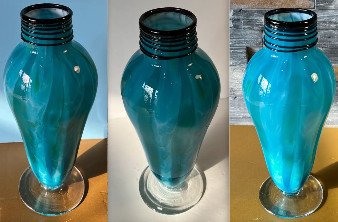 Art Glass Blue Teal Pedestal Vase With Swirl Pattern - 7