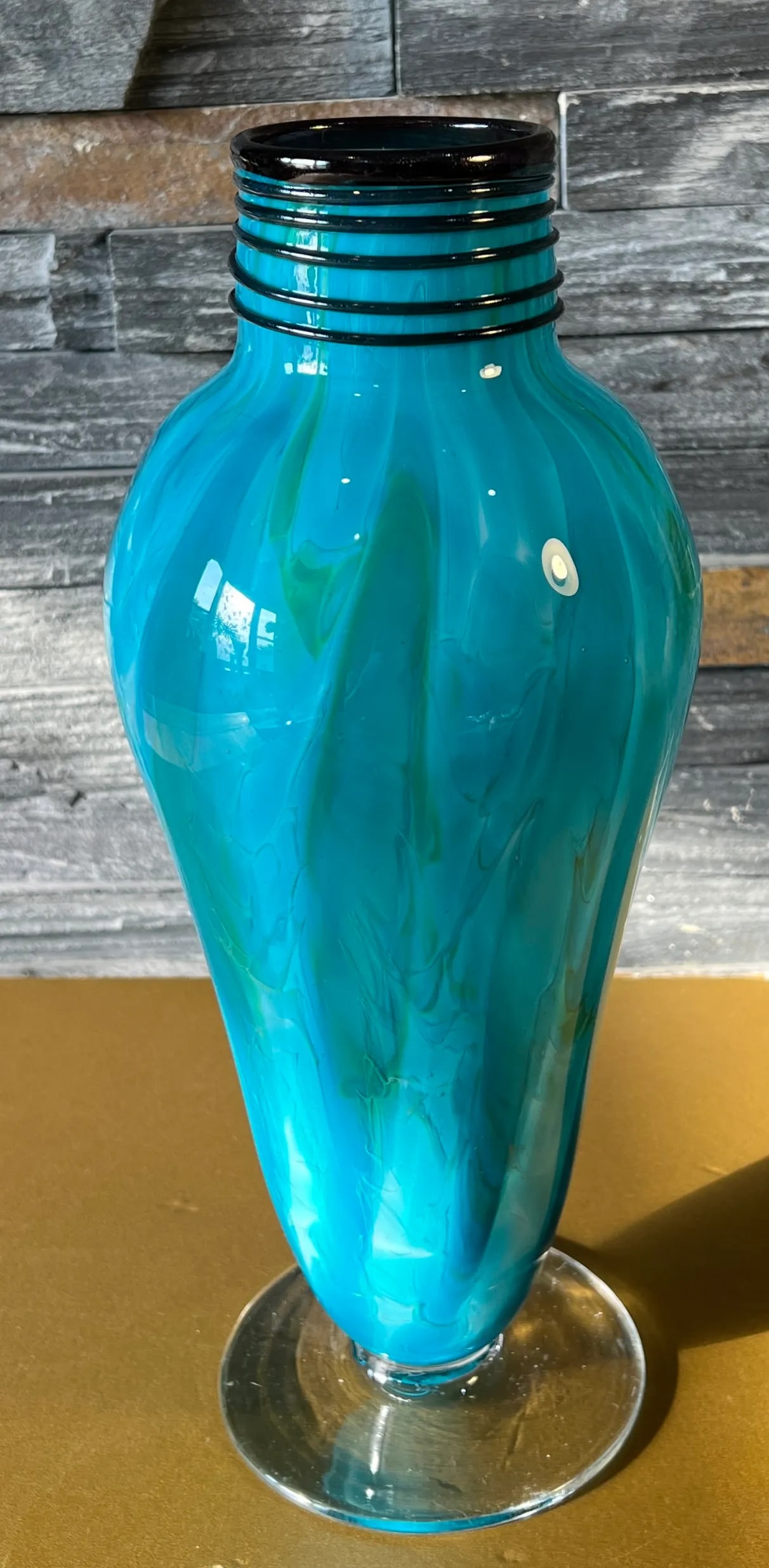 Art Glass Blue Teal Pedestal Vase With Swirl Pattern - 8
