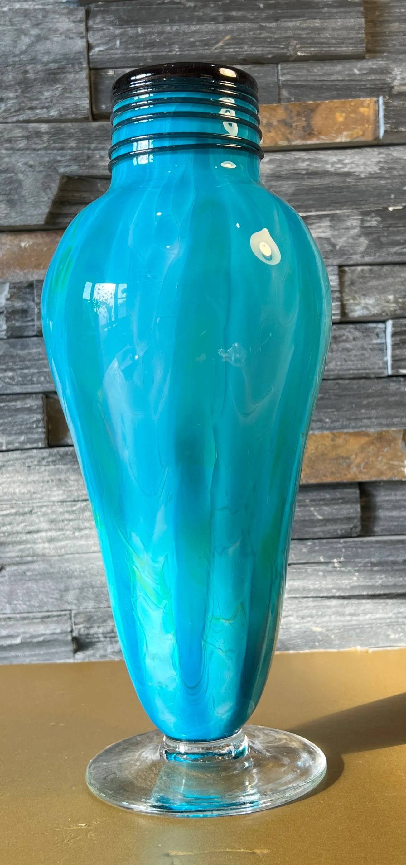 Art Glass Blue Teal Pedestal Vase With Swirl Pattern - 9