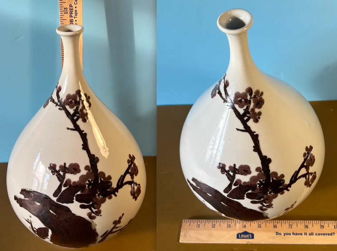 Large Vintage Chinese Porcelain Bottle Brown Plum Blossom Branch Motif - 12