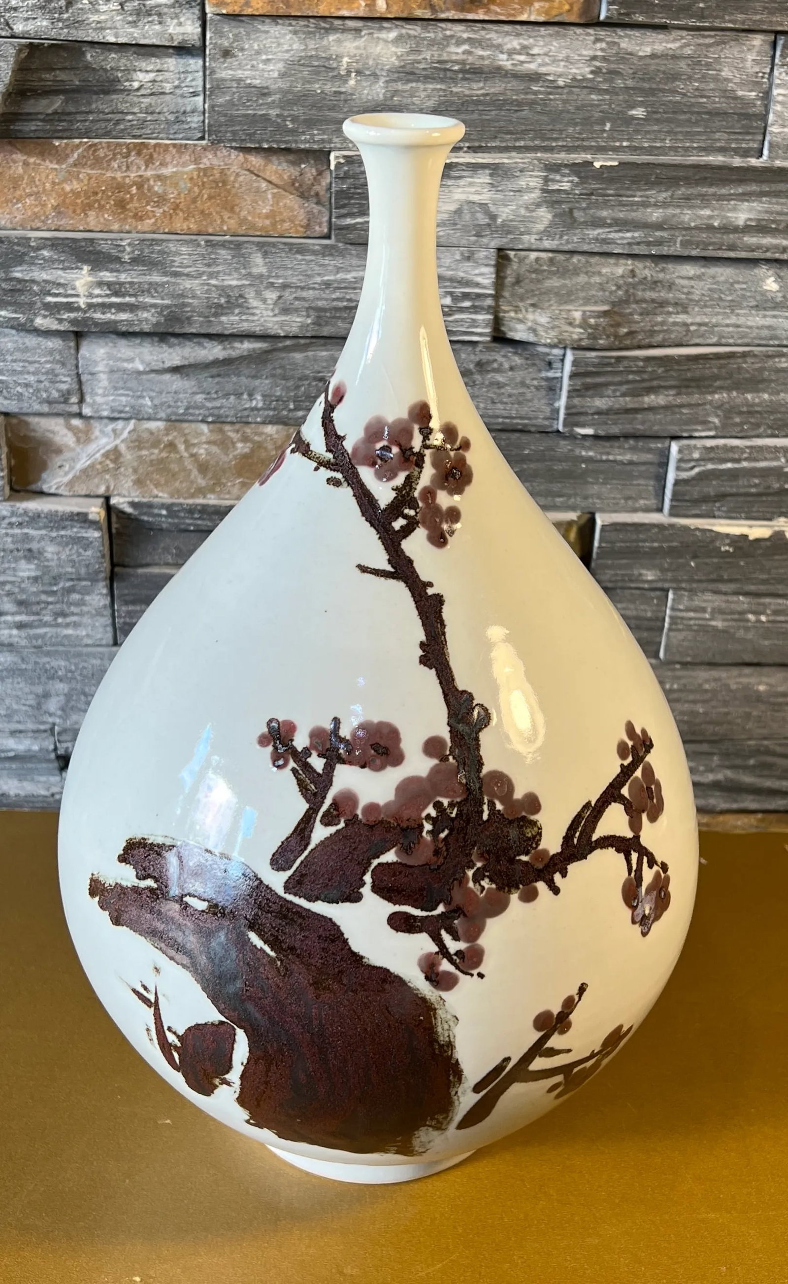 Large Vintage Chinese Porcelain Bottle Brown Plum Blossom Branch Motif - 2