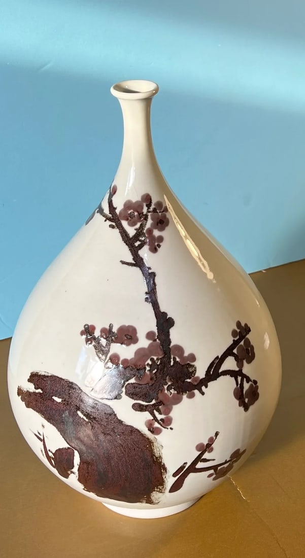 Large Vintage Chinese Porcelain Bottle Brown Plum Blossom Branch Motif - 3