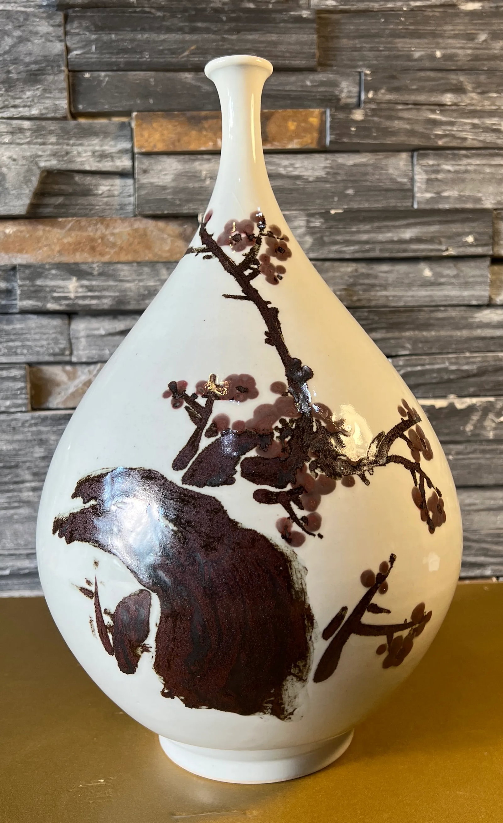 Large Vintage Chinese Porcelain Bottle Brown Plum Blossom Branch Motif - 4