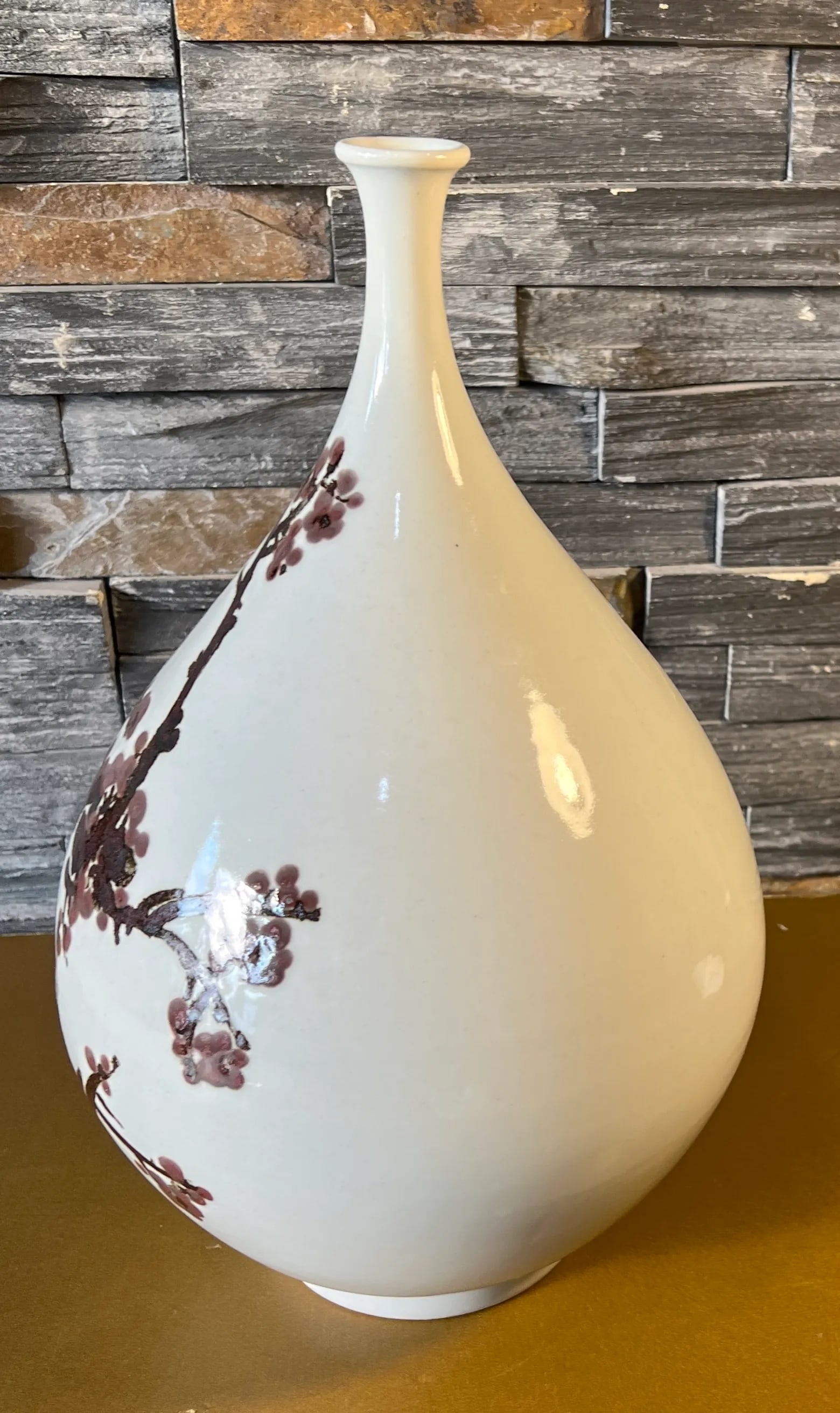 Large Vintage Chinese Porcelain Bottle Brown Plum Blossom Branch Motif - 5