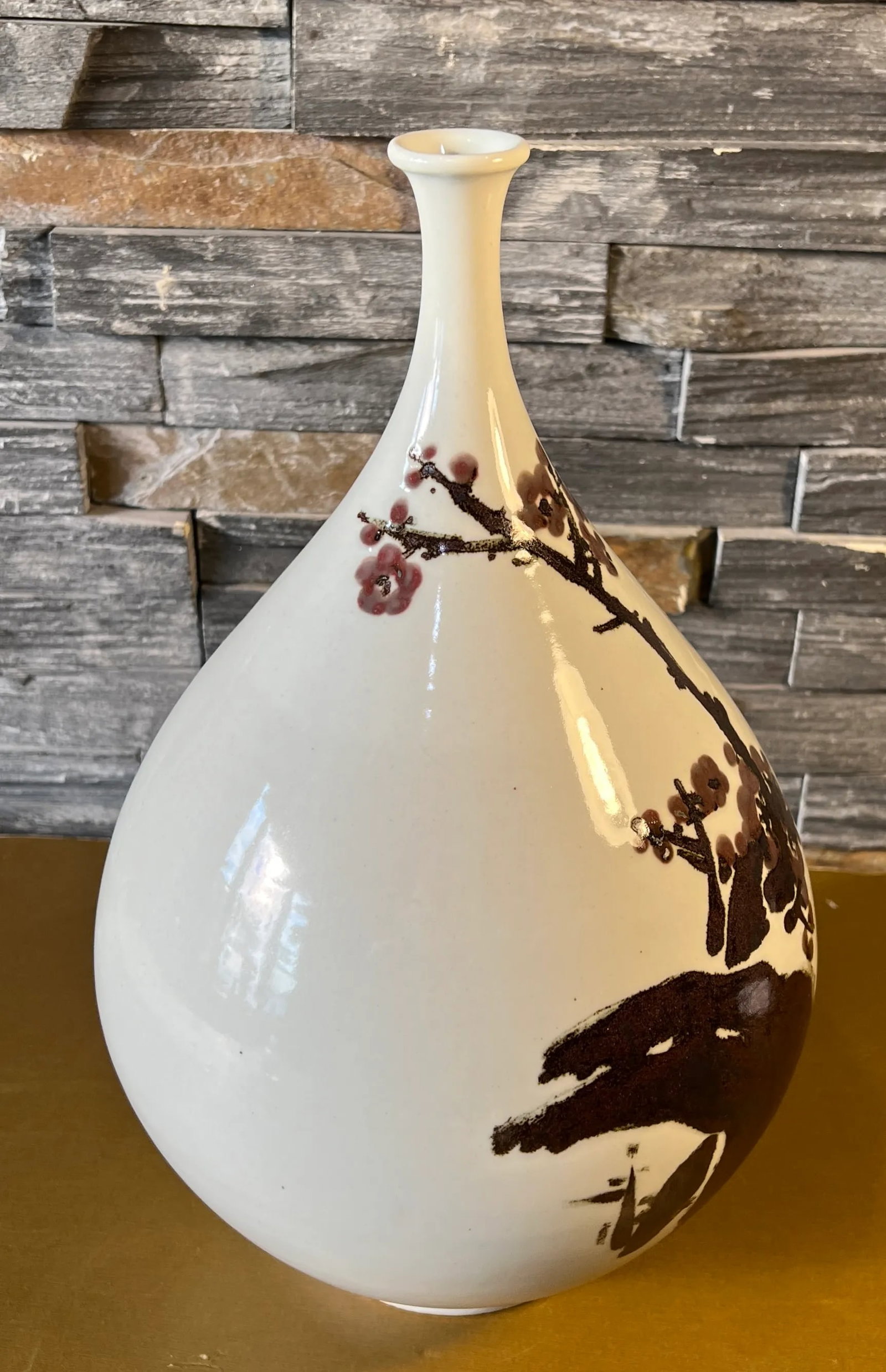 Large Vintage Chinese Porcelain Bottle Brown Plum Blossom Branch Motif - 6