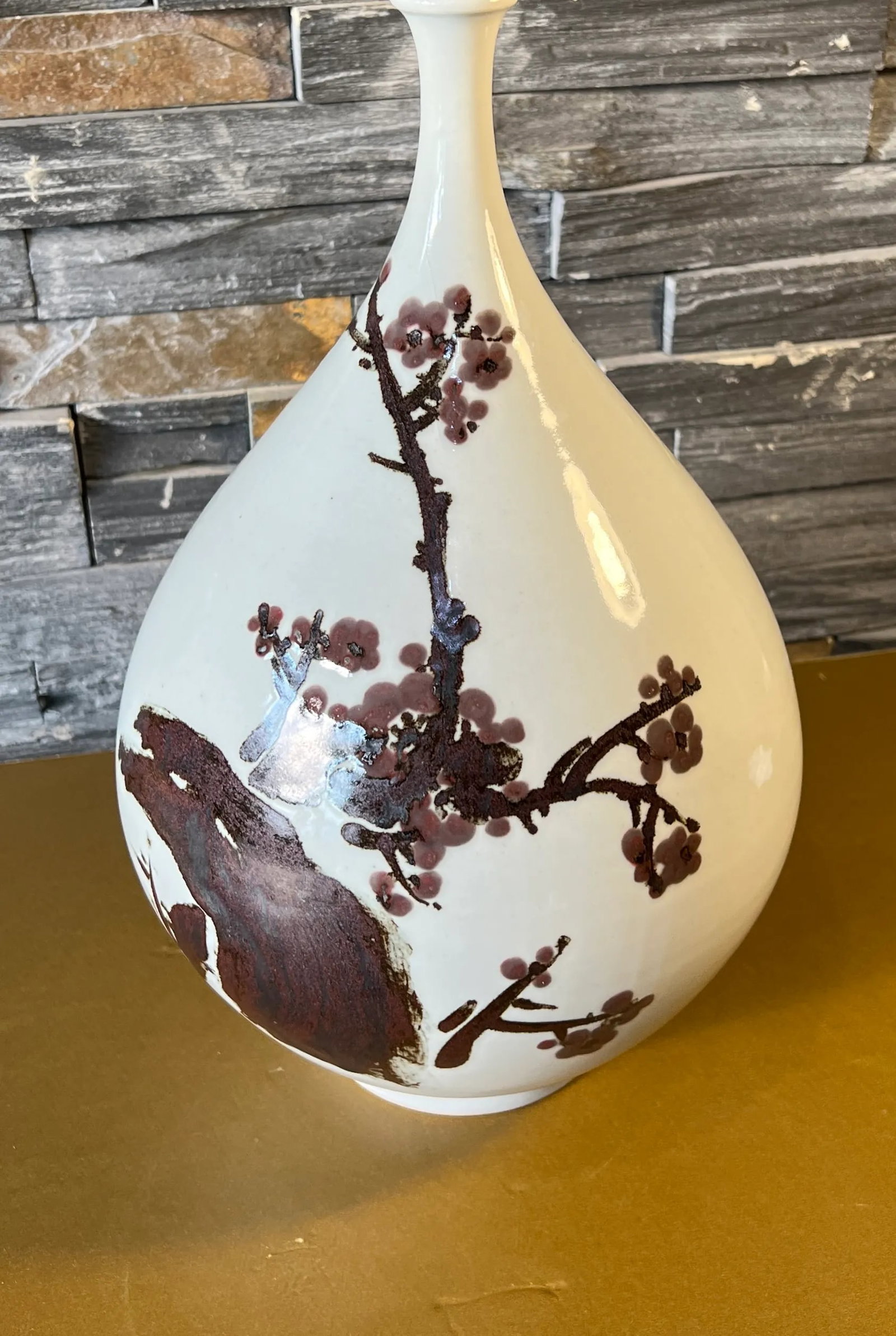 Large Vintage Chinese Porcelain Bottle Brown Plum Blossom Branch Motif - 7