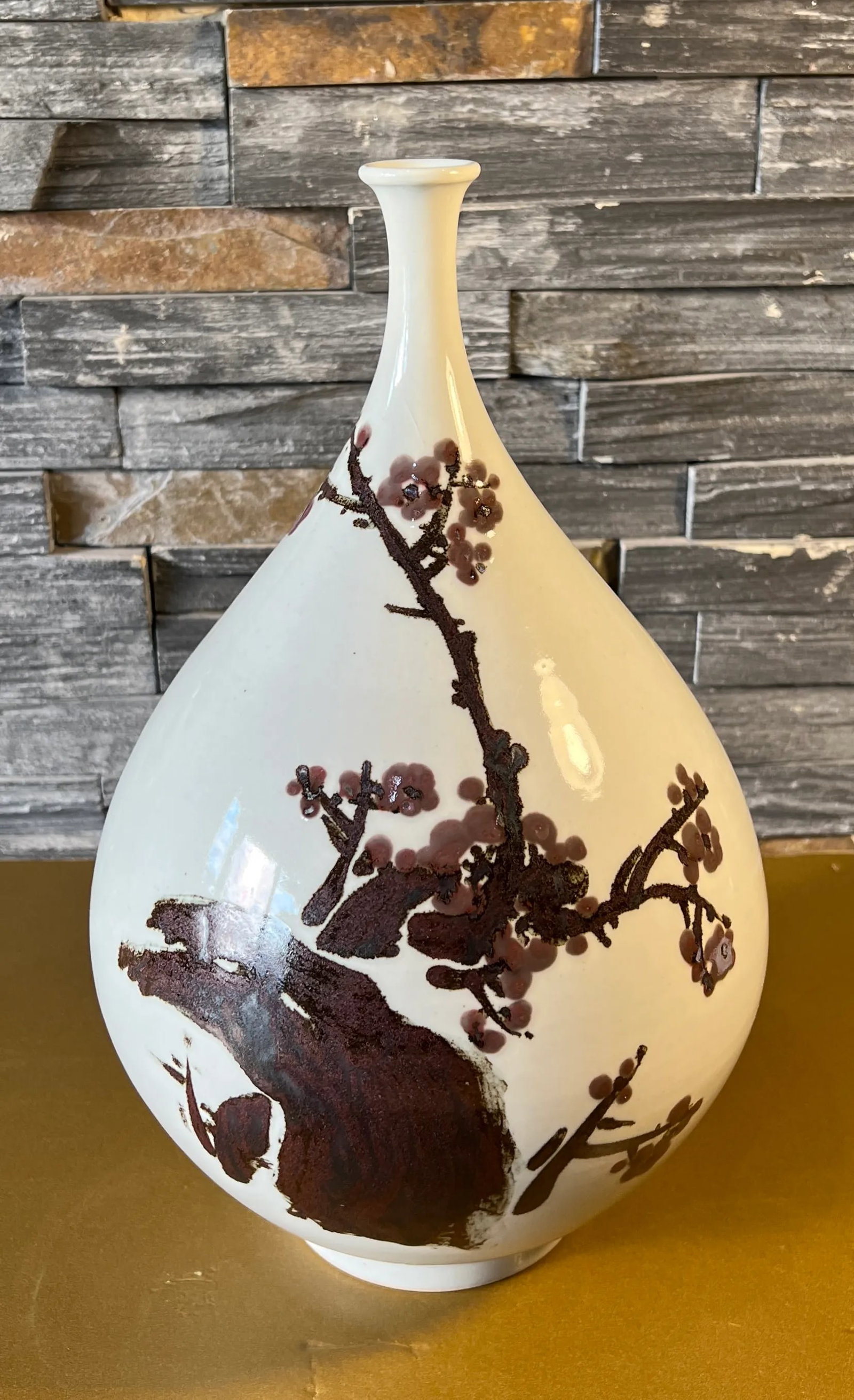 Large Vintage Chinese Porcelain Bottle Brown Plum Blossom Branch Motif - 8