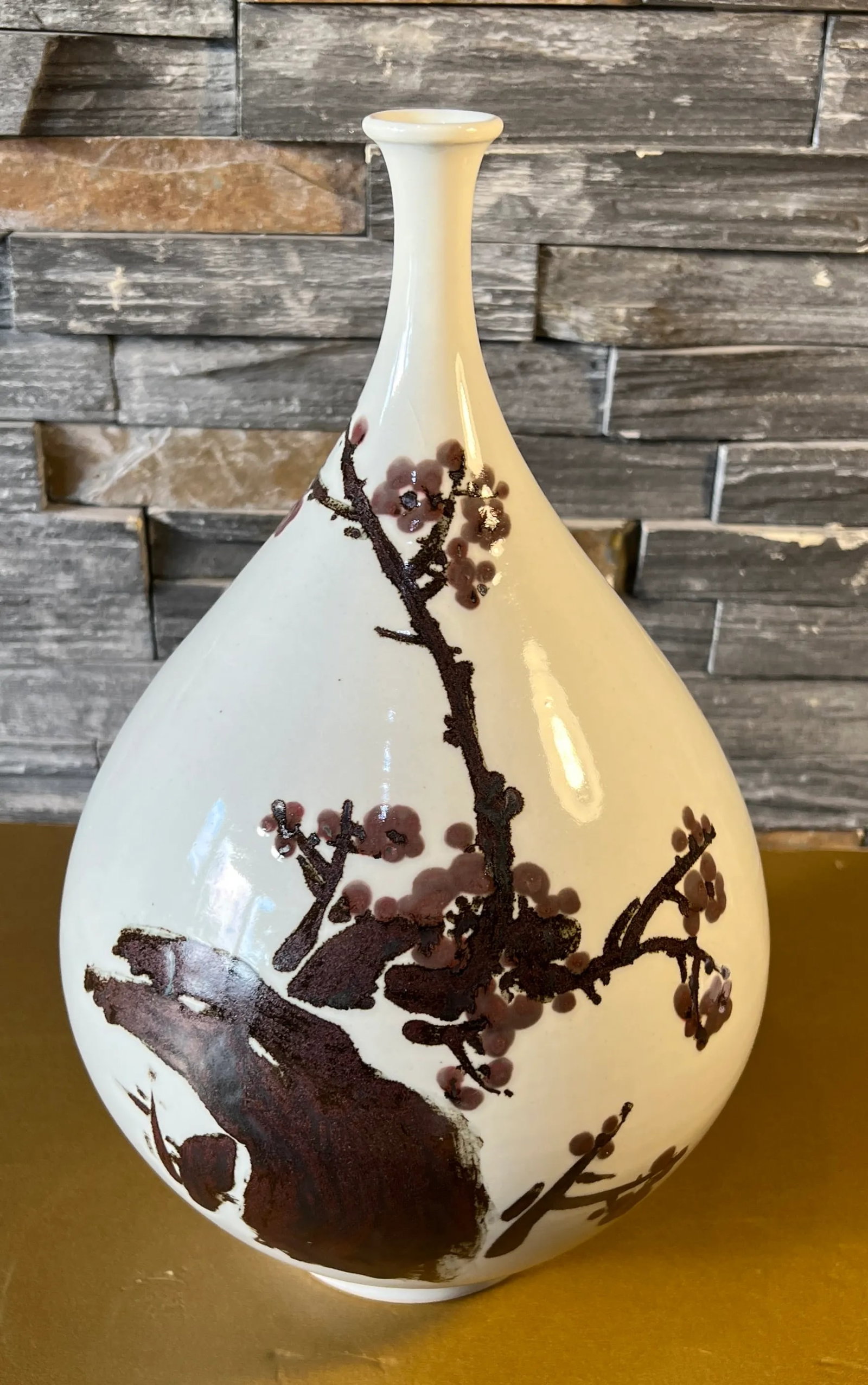 Large Vintage Chinese Porcelain Bottle Brown Plum Blossom Branch Motif - 9
