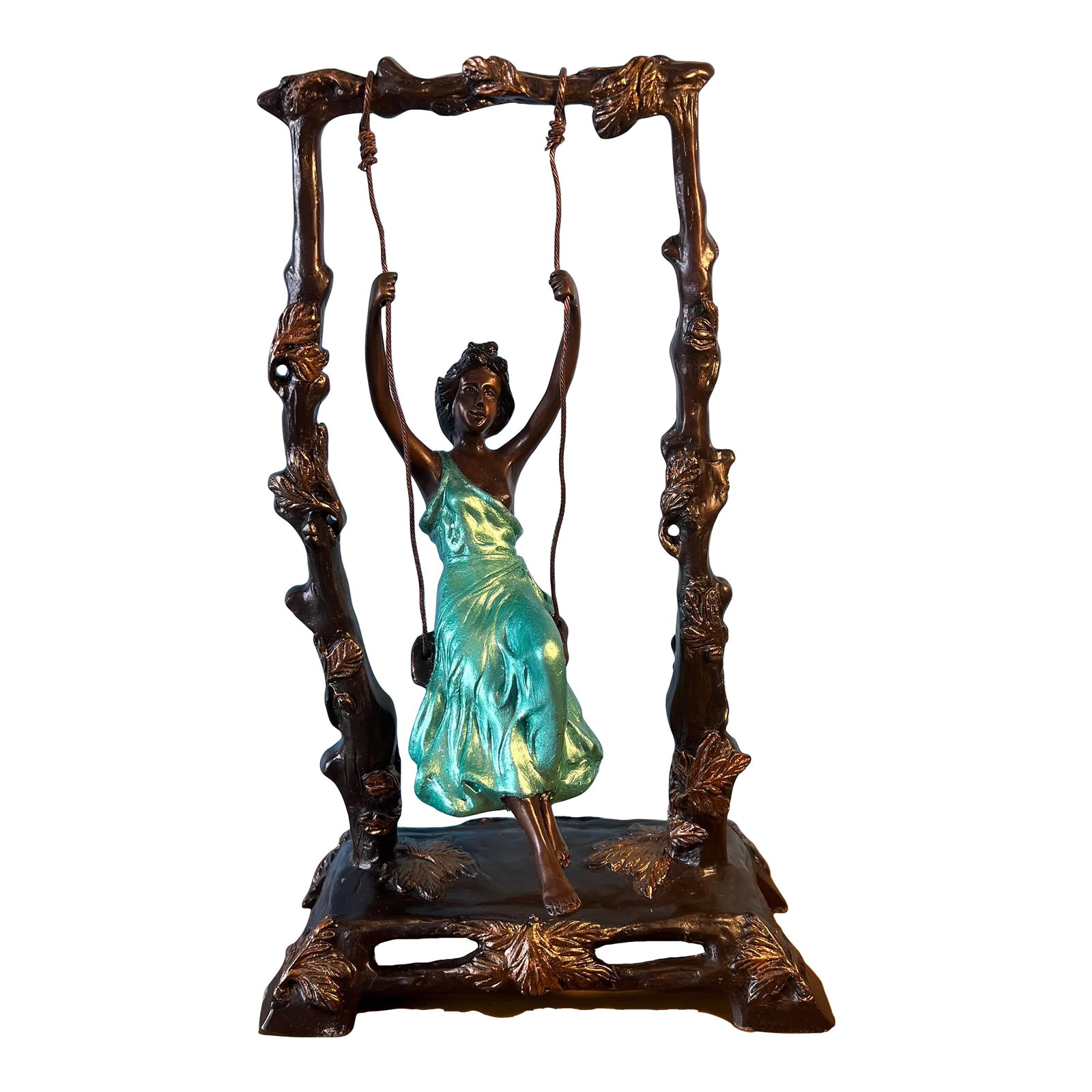 Girl on a Swing Sculpture by Auguste Moreau: This enchanting bronze sculpture, inspired by Auguste Moreau's iconic Girl on a Swing, captures the delicate beauty and playful elegance of a young maiden caught mid-moment in joyful repose. Dressed i