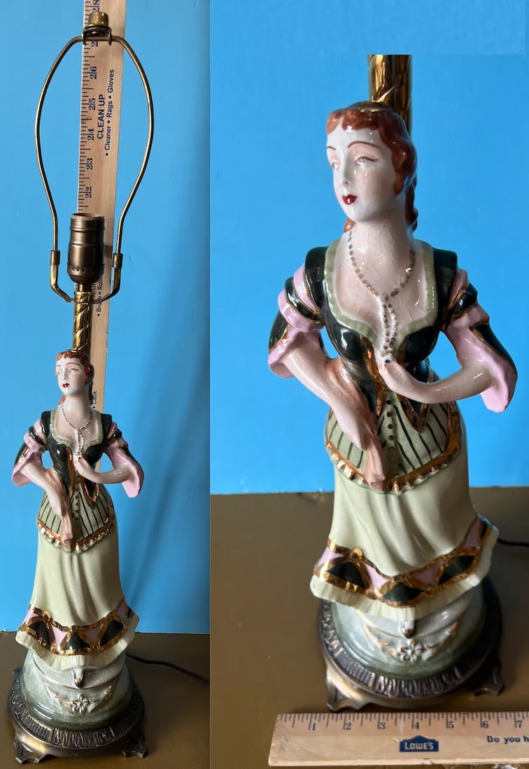 Antique Figural Lady Porcelain Table Lamp - 12
