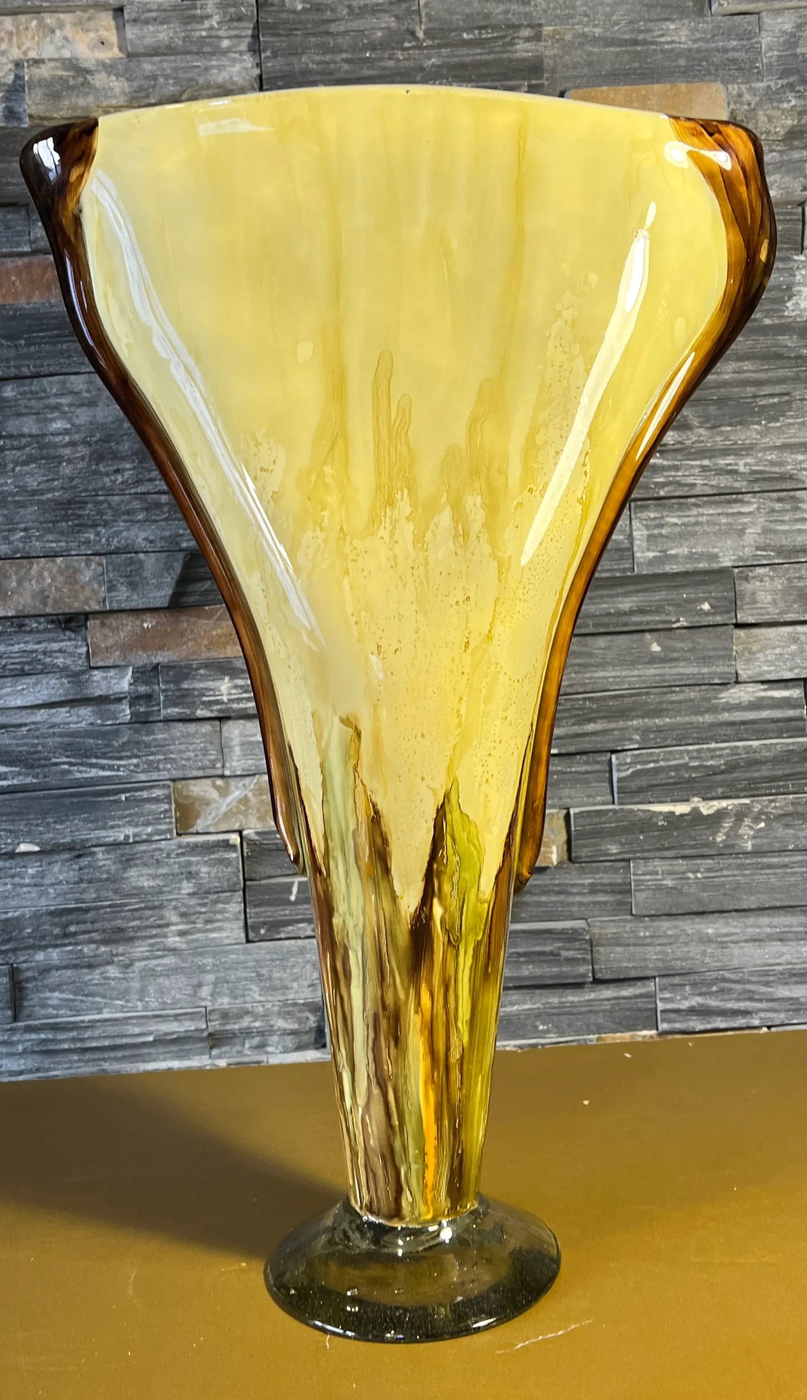 20 Inch Tall Yellow Amber Art Glass Pedestal Vase With Slender Narrow Profile - 10