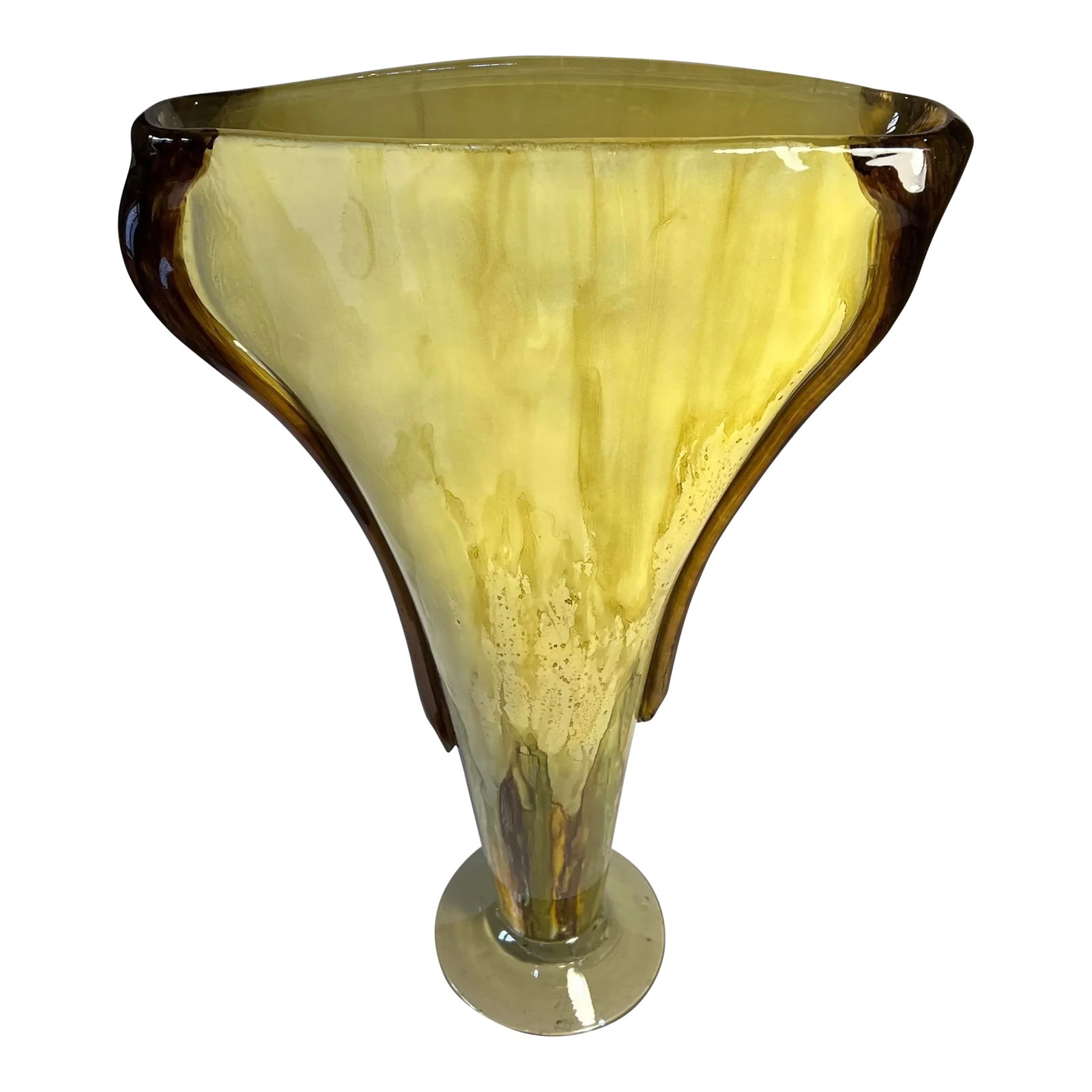 20 Inch Tall Yellow Amber Art Glass Pedestal Vase With Slender Narrow Profile: This monumental 20-inch tall hand-blown glass vase boasts a sleek and slender profile that commands attention. Beginning with a generously wide, smooth lip, it gradually widens further before