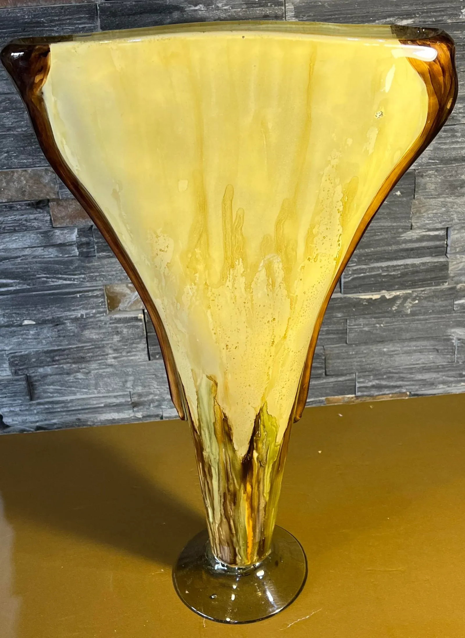 20 Inch Tall Yellow Amber Art Glass Pedestal Vase With Slender Narrow Profile - 2