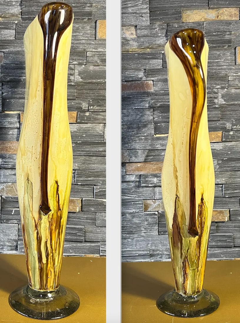 20 Inch Tall Yellow Amber Art Glass Pedestal Vase With Slender Narrow Profile - 4