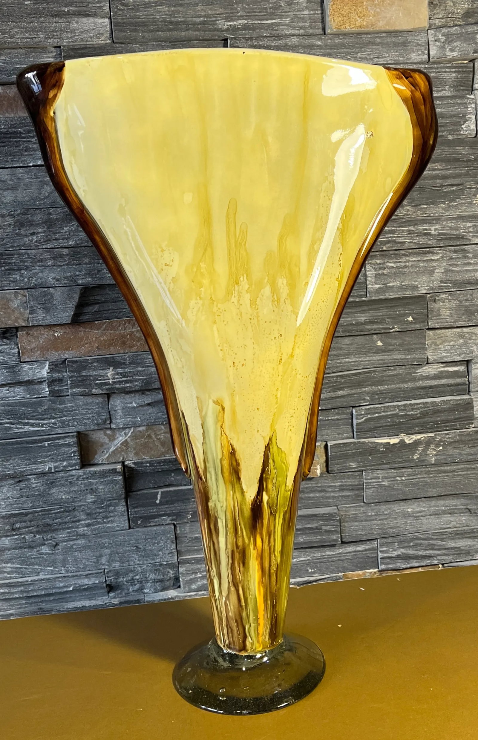 20 Inch Tall Yellow Amber Art Glass Pedestal Vase With Slender Narrow Profile - 7