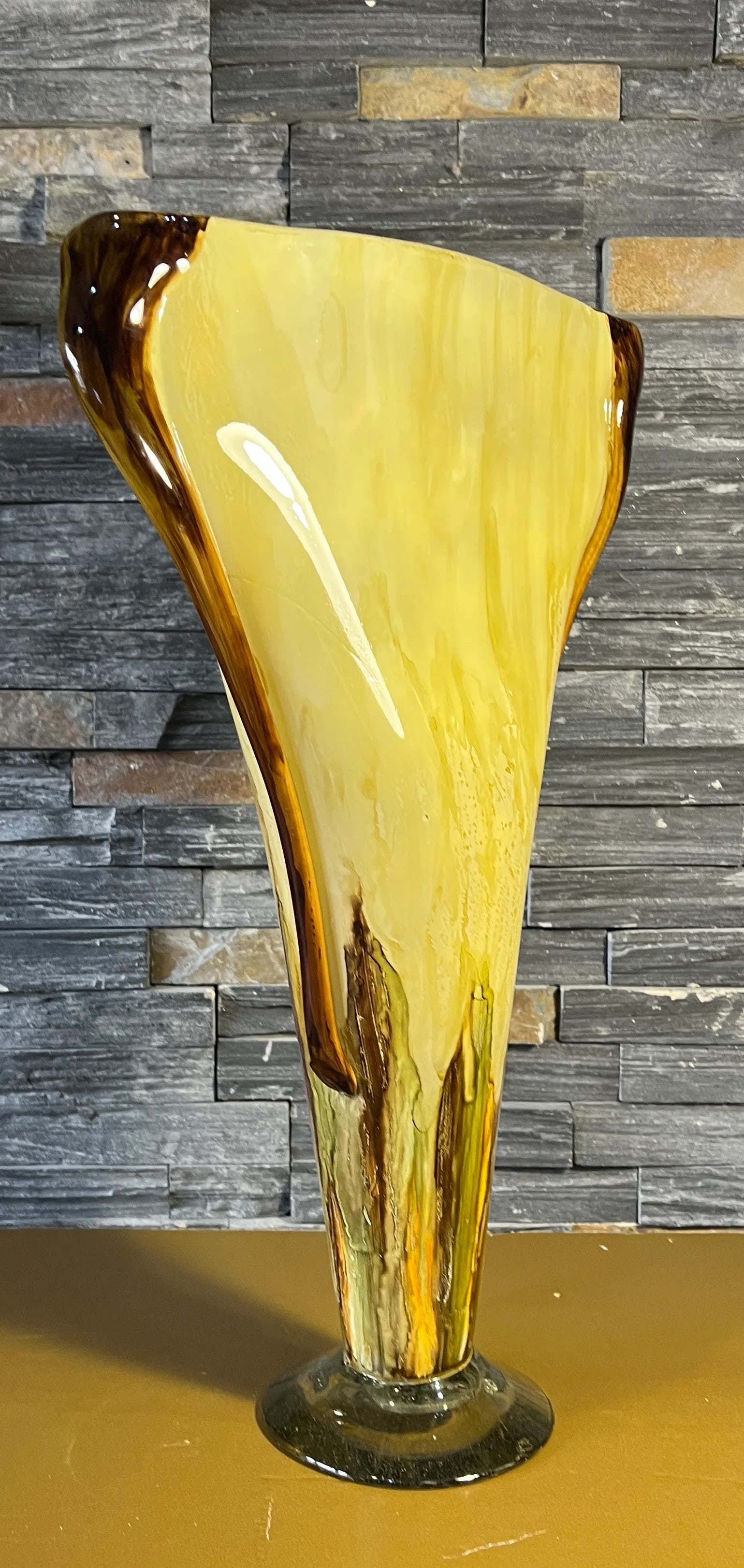 20 Inch Tall Yellow Amber Art Glass Pedestal Vase With Slender Narrow Profile - 9