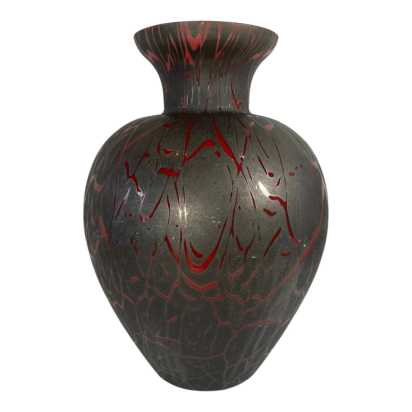 Dolbi Cashier Red and Charcoal Art Glass Vase: This 15-inch tall, round Art Glass Vase comes from the Dolbi Cashier Company, renowned for its craftsmanship. Hand-blown with precision by skilled glass artisans, it is born from a stunning fusion of