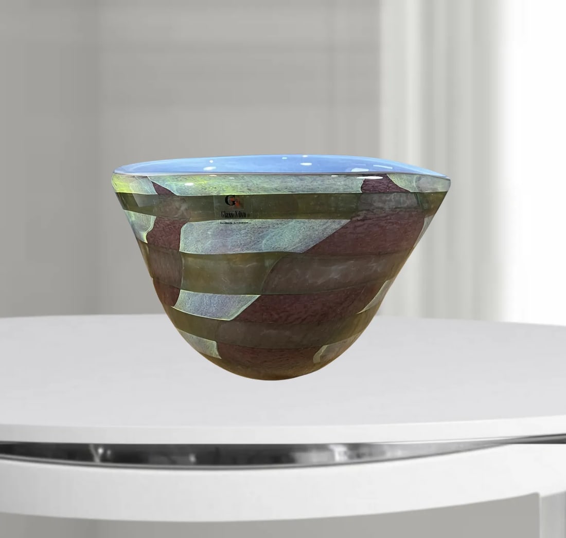 Signed Glass Nuvo Art Glass Asymmetric Brown Purple Striped Decorative Bowl - 10