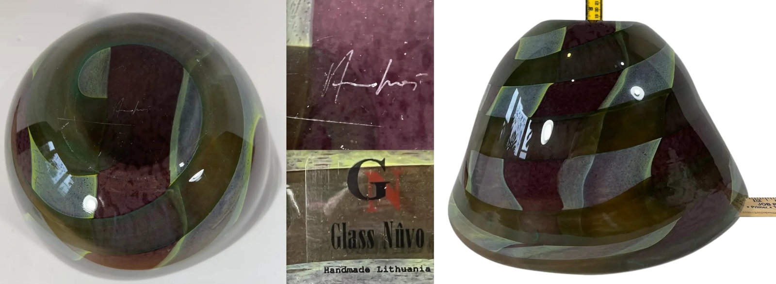 Signed Glass Nuvo Art Glass Asymmetric Brown Purple Striped Decorative Bowl - 12