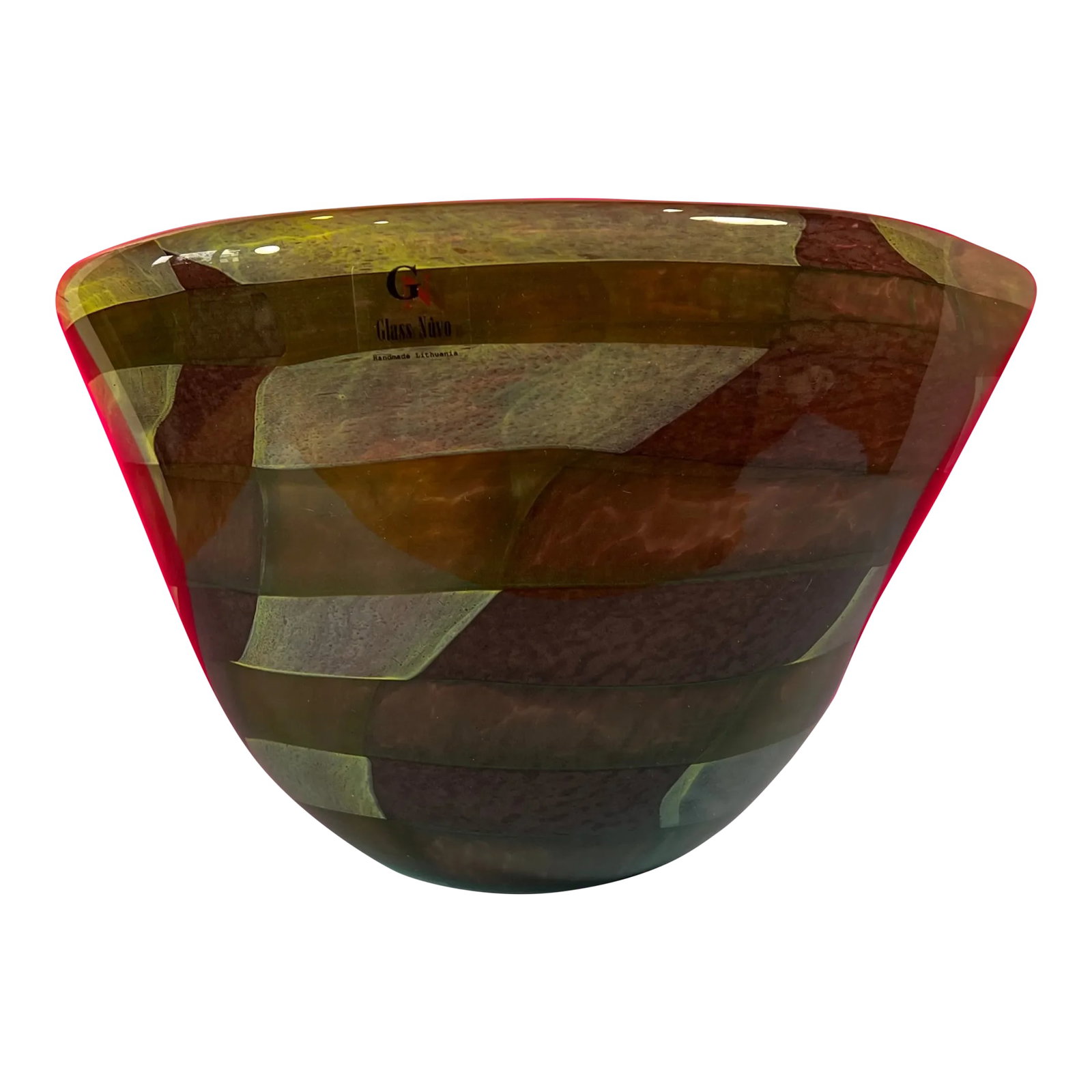 Signed Glass Nuvo Art Glass Asymmetric Brown Purple Striped Decorative Bowl: This magnificent, large art glass masterpiece was hand-blown by a renowned artisan, whose signature graces the bottom. Crafted with meticulous care at the Nuvo Glass Studio in Lithuania, it boasts a