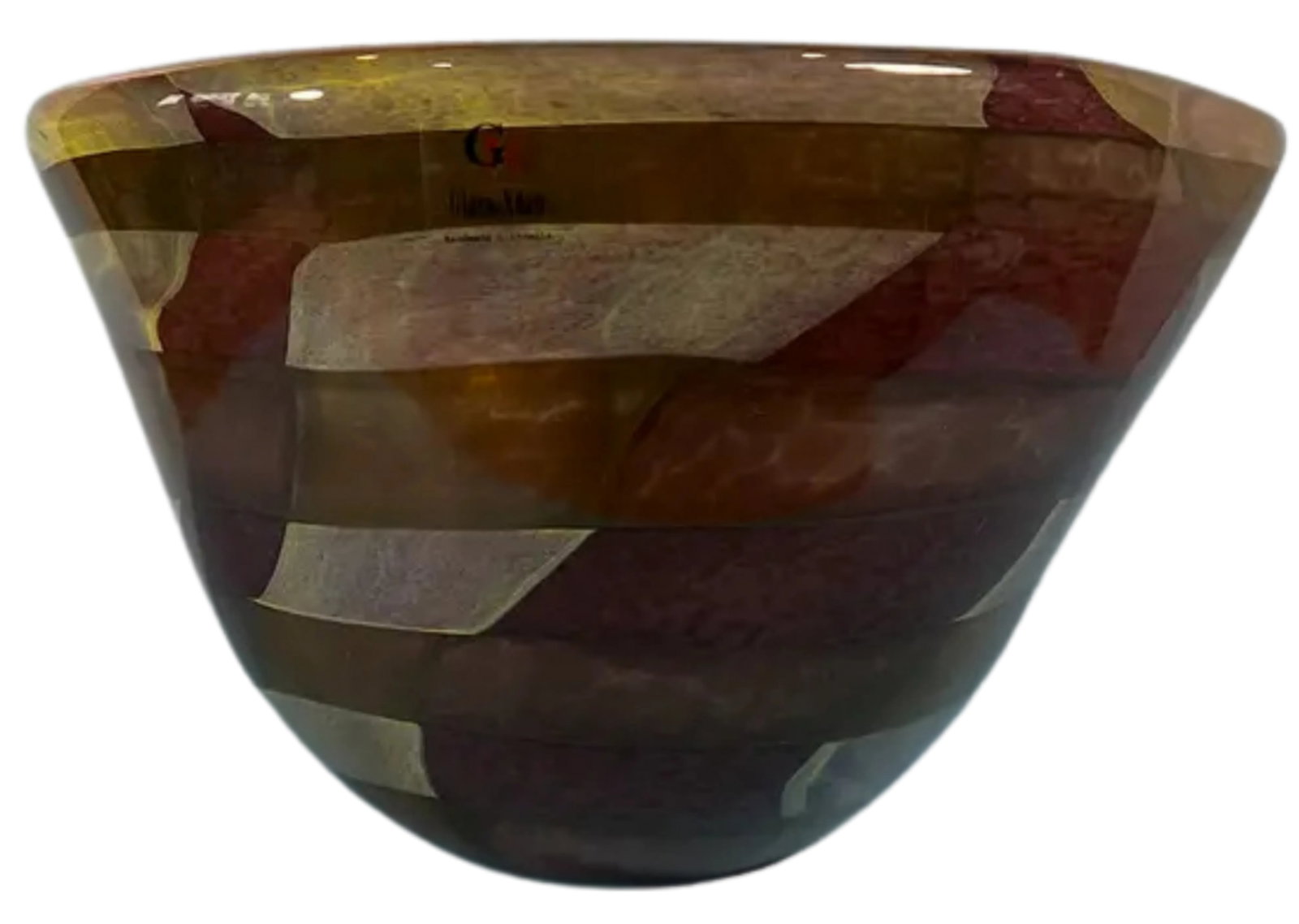 Signed Glass Nuvo Art Glass Asymmetric Brown Purple Striped Decorative Bowl - 6