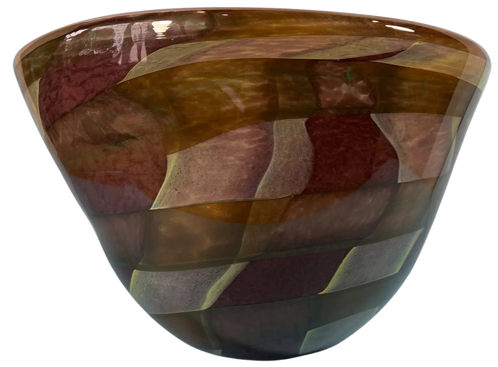 Signed Glass Nuvo Art Glass Asymmetric Brown Purple Striped Decorative Bowl - 8