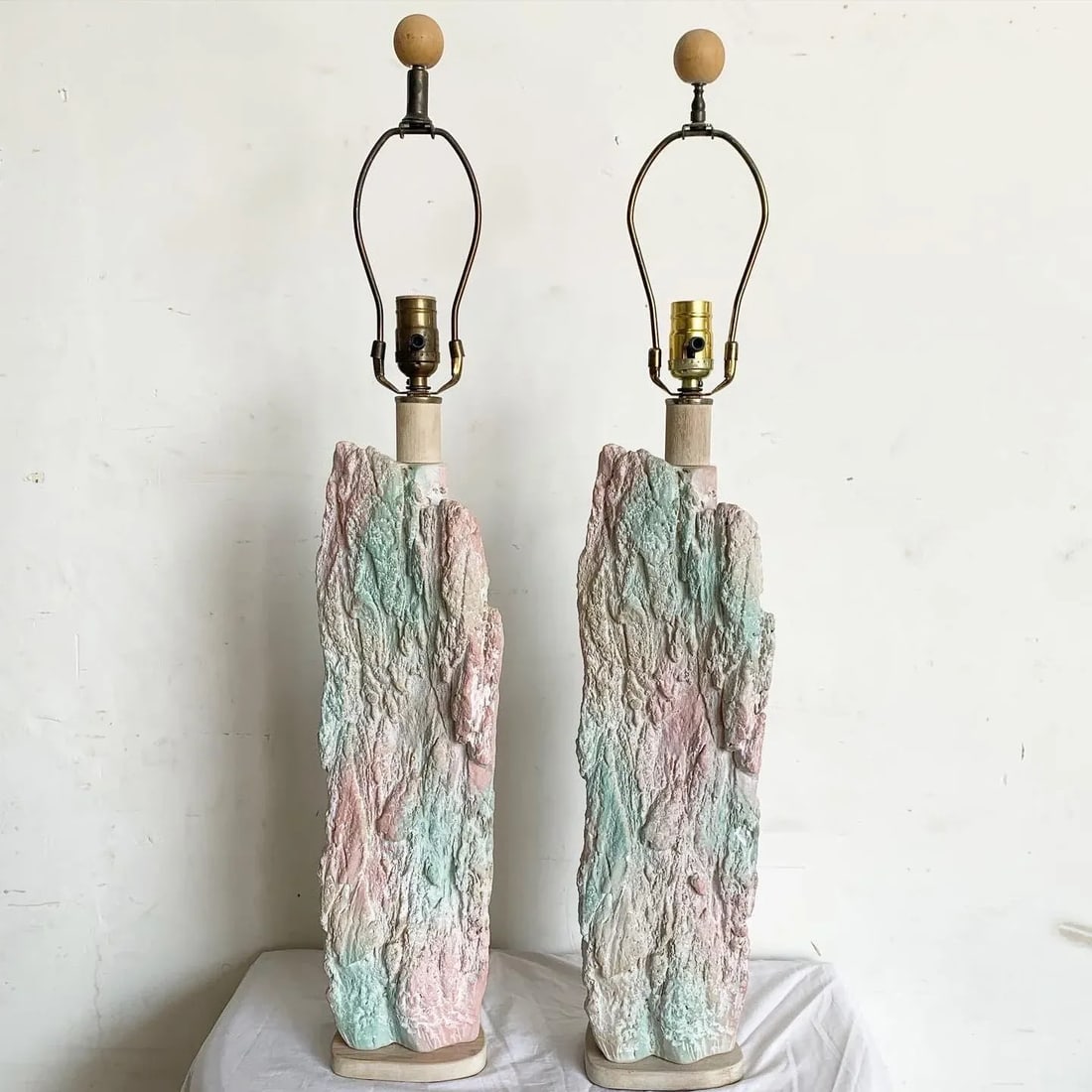 Postmodern Brutalist Pink and Green Faux Stone Three Way Table Lamps - a Pair - 10