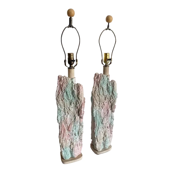 Postmodern Brutalist Pink and Green Faux Stone Three Way Table Lamps - a Pair: From the 1980s, this Southwest Pottery Vase is a vibrant representation of the era's artistry. Its primary green hue sets the stage for a striking hand-painted scene: a lone wolf, silhouetted against 