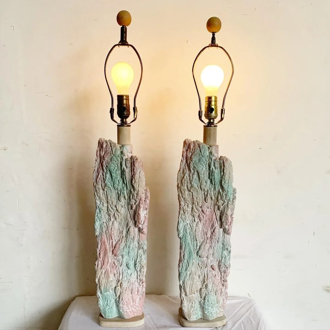 Postmodern Brutalist Pink and Green Faux Stone Three Way Table Lamps - a Pair - 2
