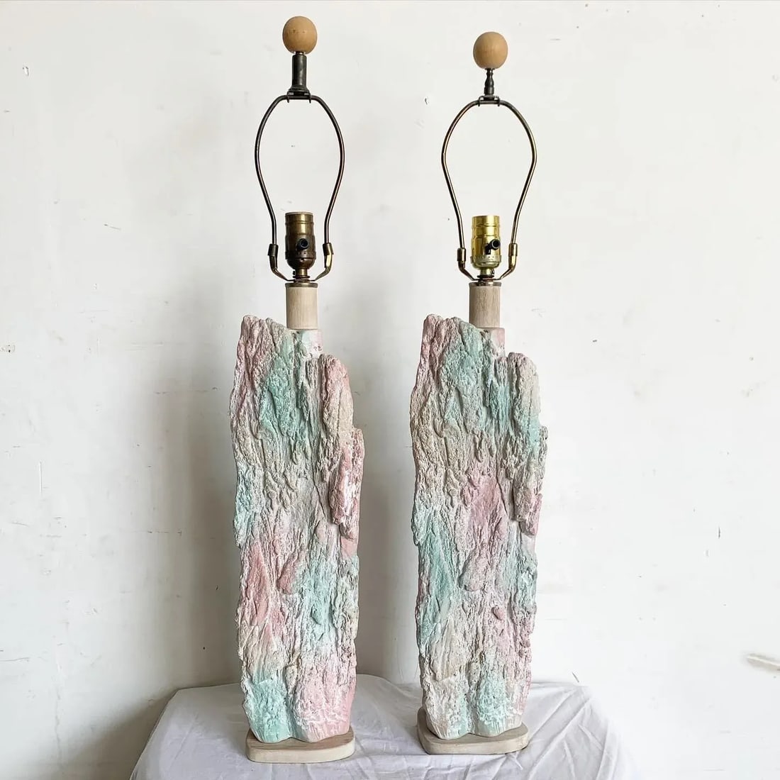 Postmodern Brutalist Pink and Green Faux Stone Three Way Table Lamps - a Pair - 3